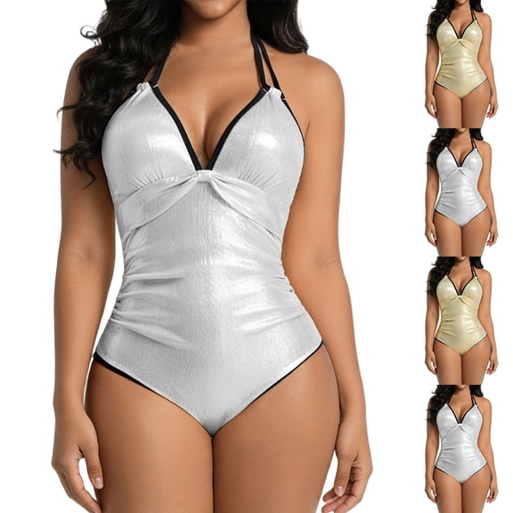 FRSASU Women's Shiny Swimsuit Halter Backless One Piece Swimsuit Tummy Control Bathing Suit Yellow