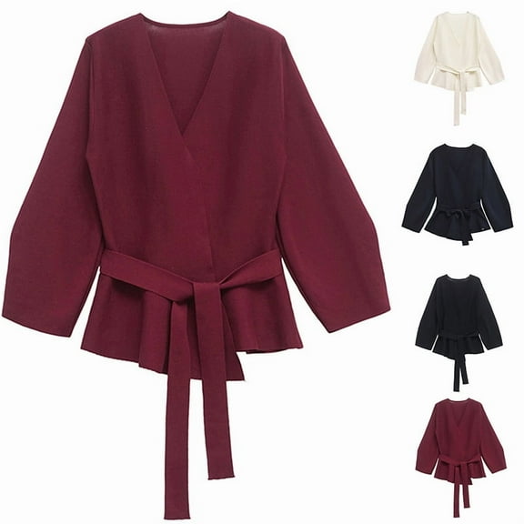 FRSASU Women's Shirt Solid Color Deep V Neck with Belt and Shoulder Pads Long Sleeve Fashion Top White S(S)