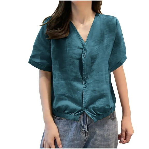 FRSASU Women's Shirts Retro Solid Color V Neck Short Sleeve Cotton Linen Button up Tunic Tops Blouse Green