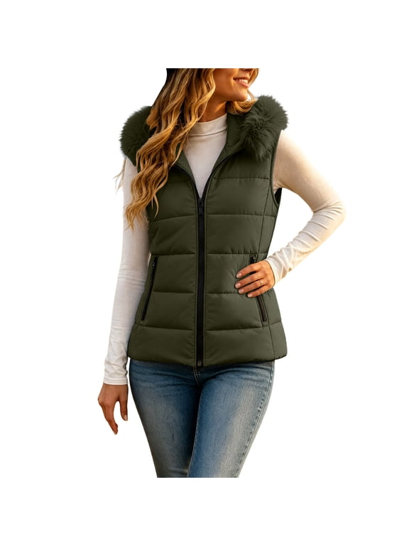 Women's Short Puffer Vest with Faux Fur Hood Sleeveless Quilted Zip Up Winter Gilet Outerwear with Side Pockets Army Green