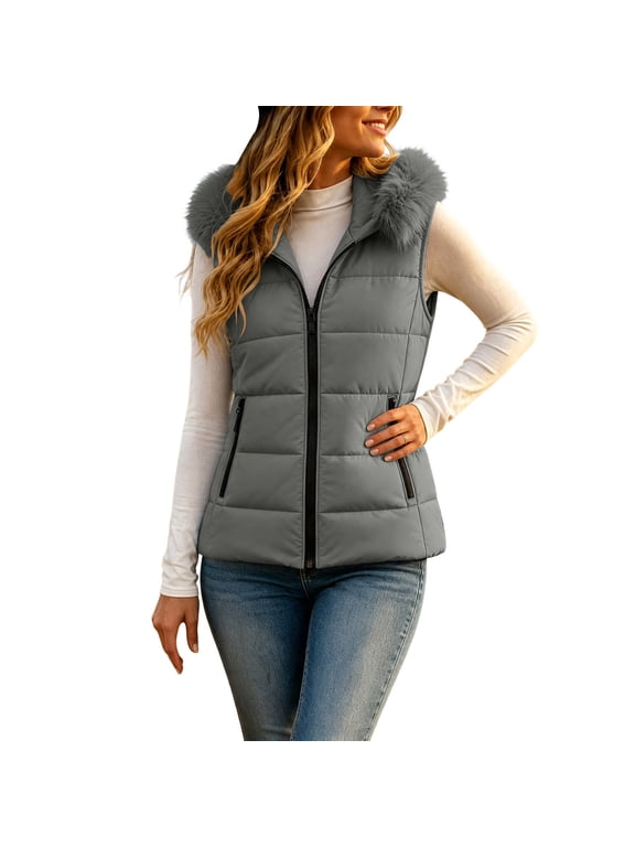 Women's Short Puffer Vest with Faux Fur Hood Sleeveless Quilted Zip Up Winter Gilet Outerwear with Side Pockets Dark Gray