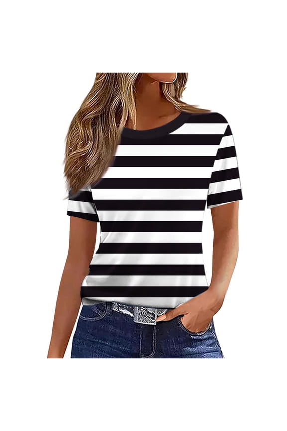 Women's Short Sleeve Black and White Striped Crew Neck Tops Spring Casual Loose Fit Summer Fitted T-Shirts Black