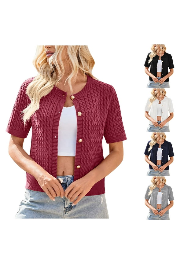 Women's Short Sleeve Button Up Cardigan Crewneck Lightweight Knit Business Casual Sweater Tops White