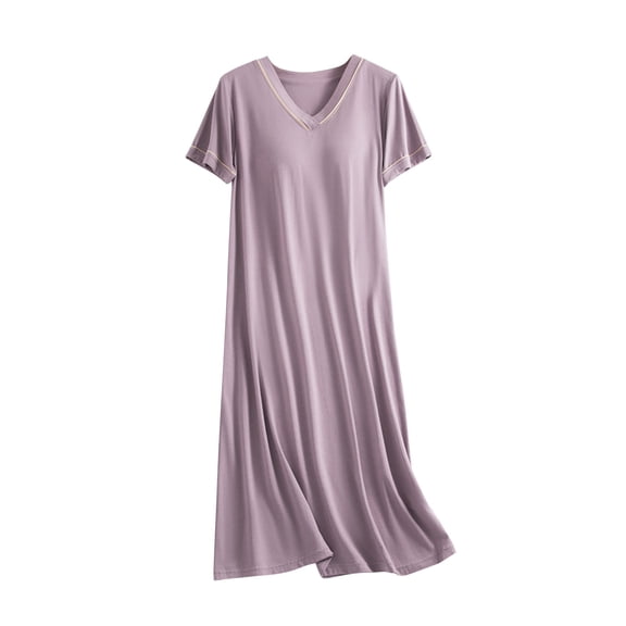 FRSASU Women's Short Sleeve Modal Solid Nightgown with Chest Cushion Loose and Comfortable Long Nightdress Purple