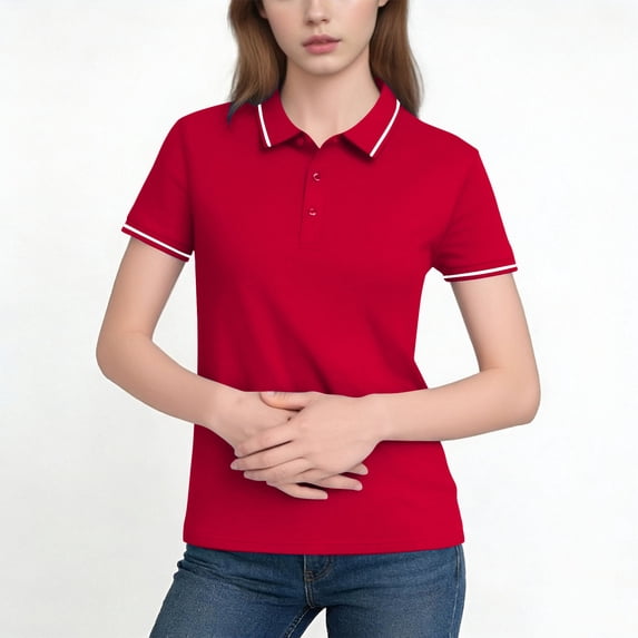 FRSASU Women's Short Sleeve Polo Shirts Golf Tennis Tops Casual Collared V-Neck Button Down Business office Tee Tops Red-A