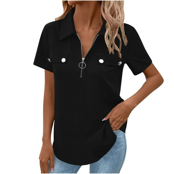 FRSASU Women's Short Sleeve Shirts Fake Pocket Zipper Solid Color Lapel Tunic Tops Casual Blouse Top Black