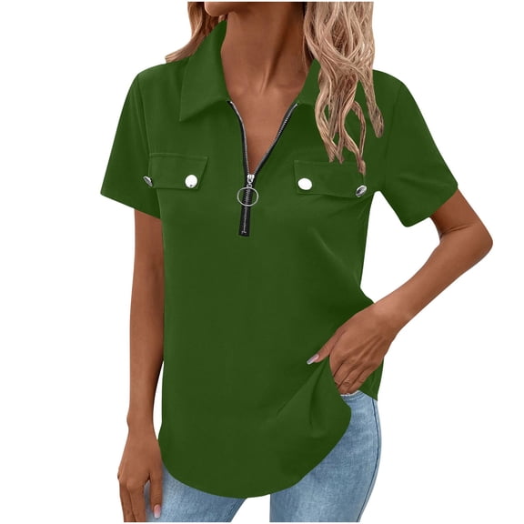 FRSASU Women's Short Sleeve Shirts Fake Pocket Zipper Solid Color Lapel Tunic Tops Casual Blouse Top Green