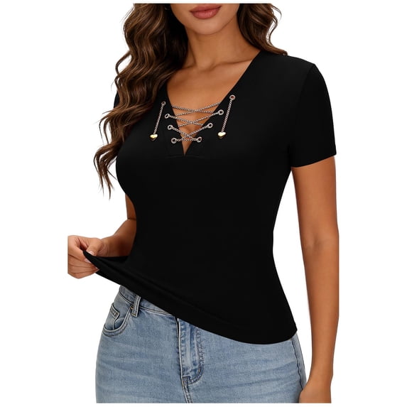 FRSASU Women's Short Sleeve T-Shirt Summer Criss Cross V-Neck Lightweight Slim Fit Basic Tee Tops Black