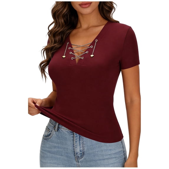 FRSASU Women's Short Sleeve T-Shirt Summer Criss Cross V-Neck Lightweight Slim Fit Basic Tee Tops Wine