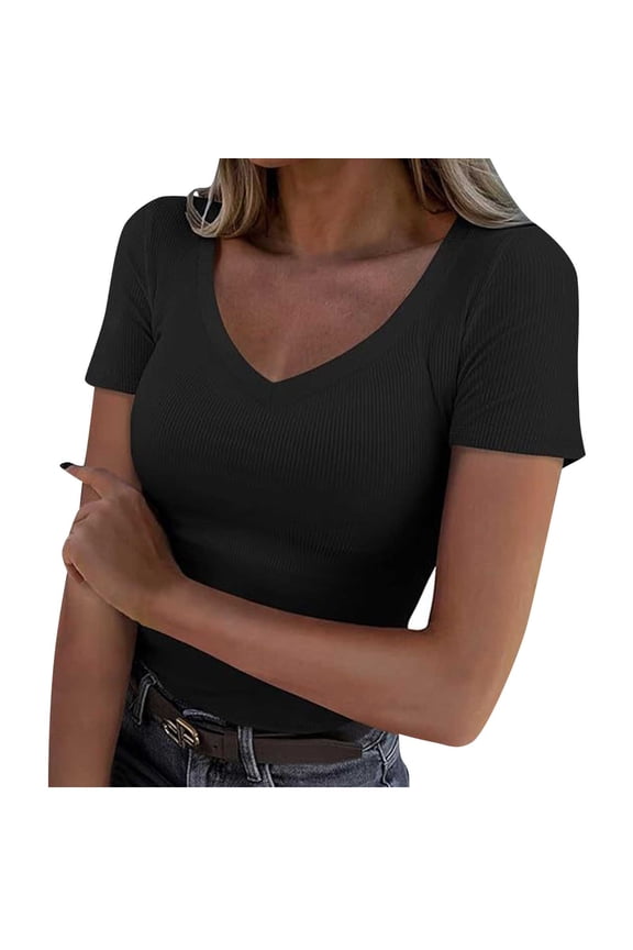Women's Short Sleeve V-Neck Ribbed Knit Fitted Basic Tees Tops Summer Casual Going Out T-Shirts Black