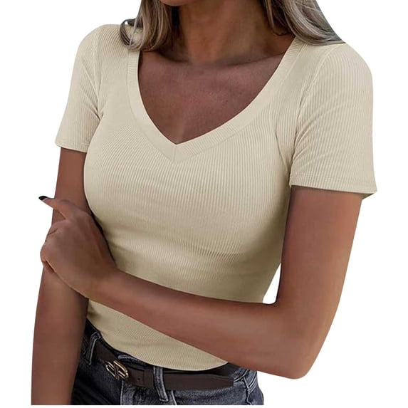 FRSASU Women's Short Sleeve V-Neck Ribbed Knit Fitted Basic Tees Tops Summer Casual Going Out T-Shirts Khaki