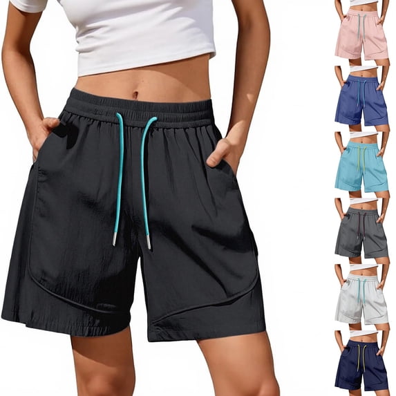 FRSASU Women's Shorts Elastic Waist Drawstring Straight Leg Baggy Quick Dry Running Workout Swimming Shorts with Pockets Sky Blue