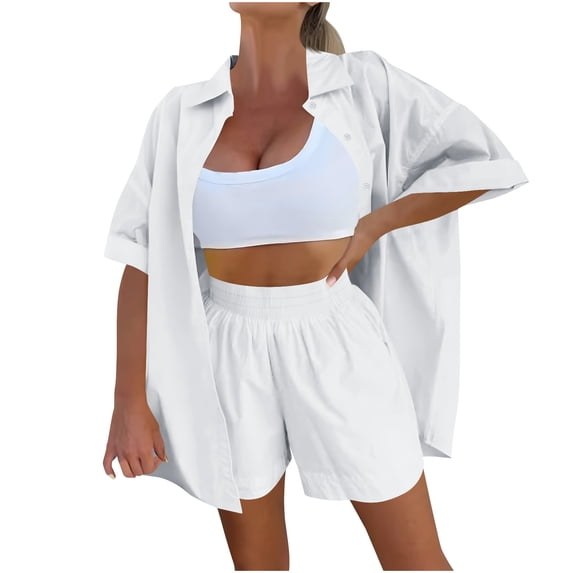 FRSASU Women's Shorts Sets 2 Piece Summer Vacation Style Short Sleeve Top and Shorts Sweatsuit Set Vacation Outfits White M(M)