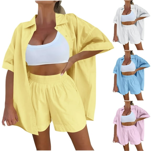 FRSASU Women's Shorts Sets 2 Piece Summer Vacation Style Short Sleeve Top and Shorts Sweatsuit Set Vacation Outfits Yellow XL(XL)