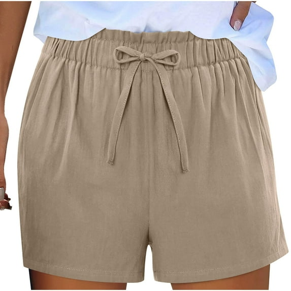 FRSASU Women's Shorts Solid Color Cotton Linen Loose Yoga Casual Walking Exercise Shorts Khaki