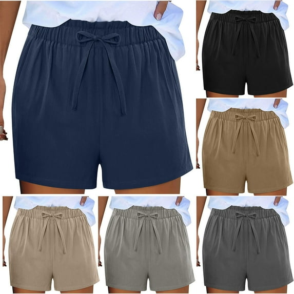 FRSASU Women's Shorts Solid Color Cotton Linen Loose Yoga Casual Walking Exercise Shorts Navy