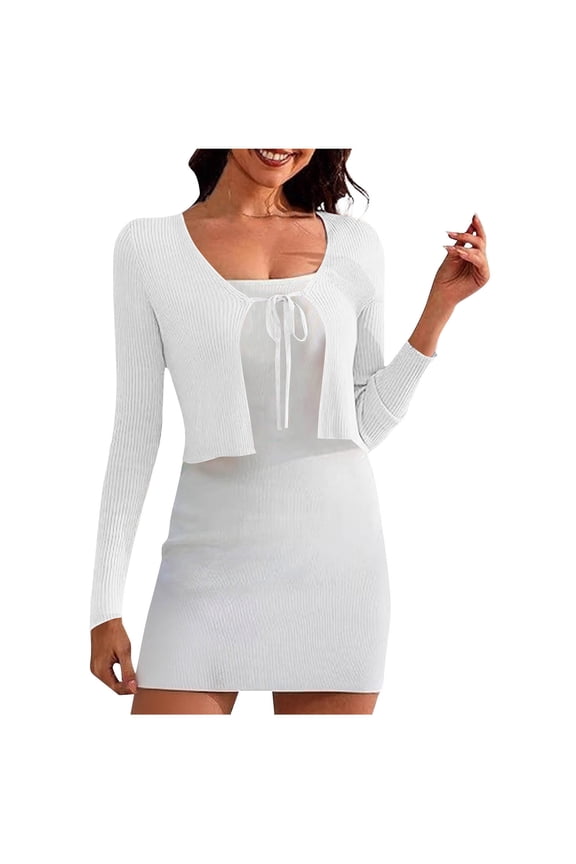 Women's Shrug Sweaters Tie Front Long Sleeve Knit Open Front Cropped Cardigan White