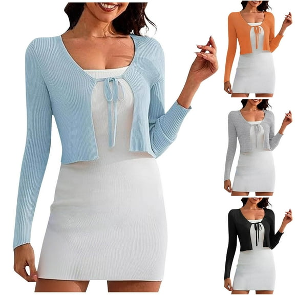 FRSASU Women's Shrug Sweaters Tie Front Long Sleeve Knit Open Front Cropped Cardigan White