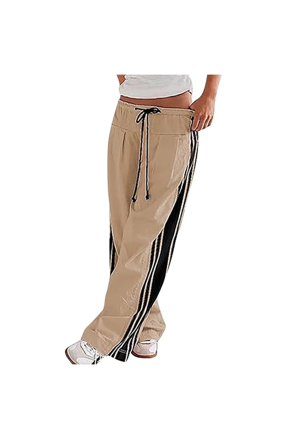 Women's Side Striped Drawstring elastic Waist Sweatpants Athletic Workout Track Pants straight leg sports pants with pockets Khaki