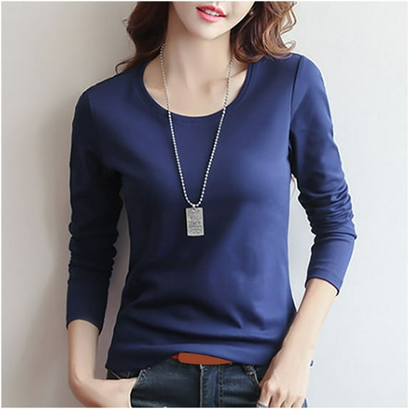 FRSASU Women's Simple and Fashionable Regular-Fit Long-Sleeve Crewneck T-Shirt Blue