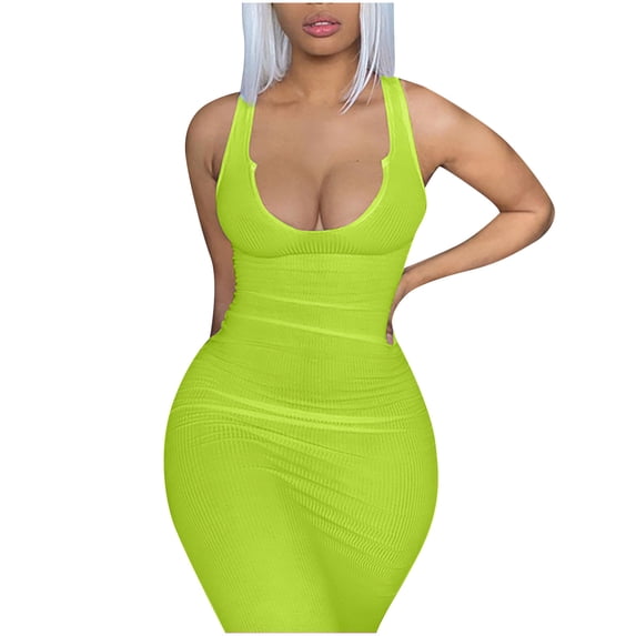 FRSASU Women's Sleeveless Causal Scoop Neck Ottoman Ribbed Dress Basic Racerback Bodycon Long Maxi Tank Dress Green