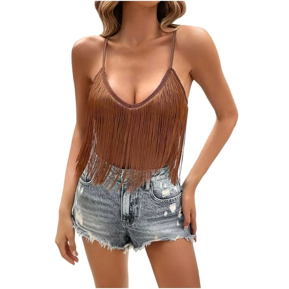 FRSASU Women's Sleeveless Fringe Camisole Tops Round Neck Spaghetti Strap Summer Cami Shirts Coffee