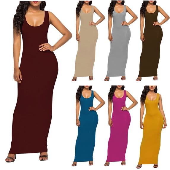 FRSASU Women's Sleeveless Maxi Dress Summer Casual Bodycon Tank Stretchy Slim Fit Long Dresses Yellow