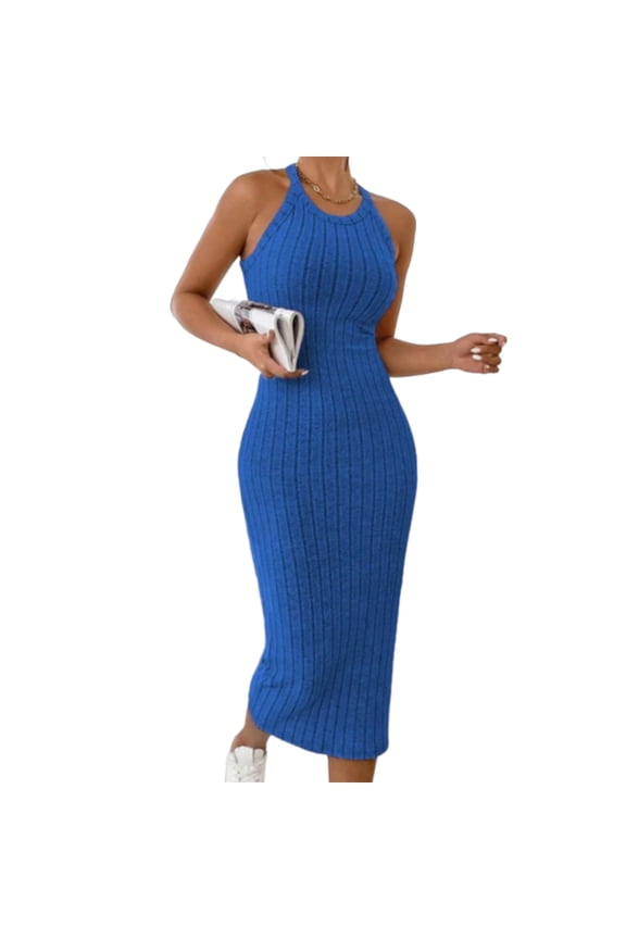 Women's Sleeveless Sweater Dress Halter Ribbed Knit Dress Summer Tank Maxi Daily Solid Color Bodycon Dresses Blue