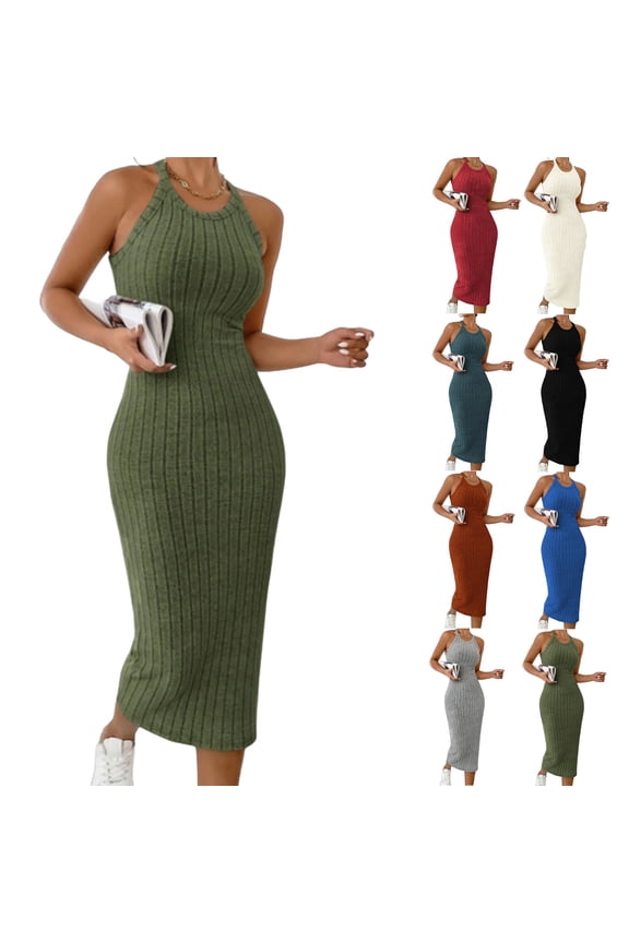 Women's Sleeveless Sweater Dress Halter Ribbed Knit Dress Summer Tank Maxi Daily Solid Color Bodycon Dresses White