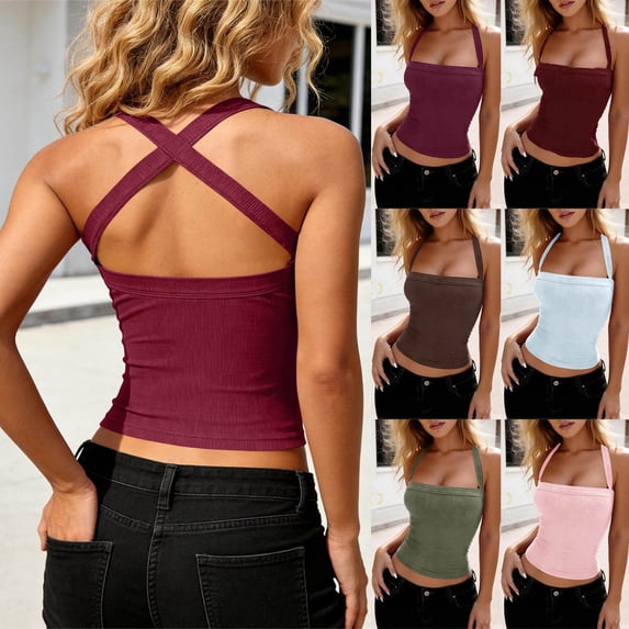 FRSASU Women's Sleeveless Tank Top Hot Girls Open Back Slim Fit Halter Neck Backless Crop Tops White