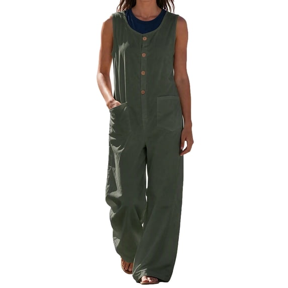 FRSASU Women's Sleeveless Wide‑Leg Jumpsuit Relaxed Fit Button‑Down Front Overall Jumpsuit with Big Side Pockets Bronze