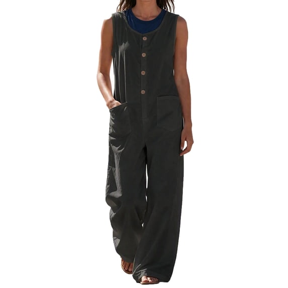 FRSASU Women's Sleeveless Wide‑Leg Jumpsuit Relaxed Fit Button‑Down Front Overall Jumpsuit with Big Side Pockets Dark Gray