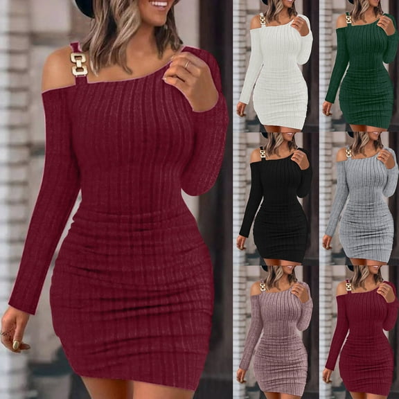 FRSASU Women's Slim Solid Long Sleeve off Shoulder Metal Buckle Casual Fashion Buttocks Dress White 10(XL)