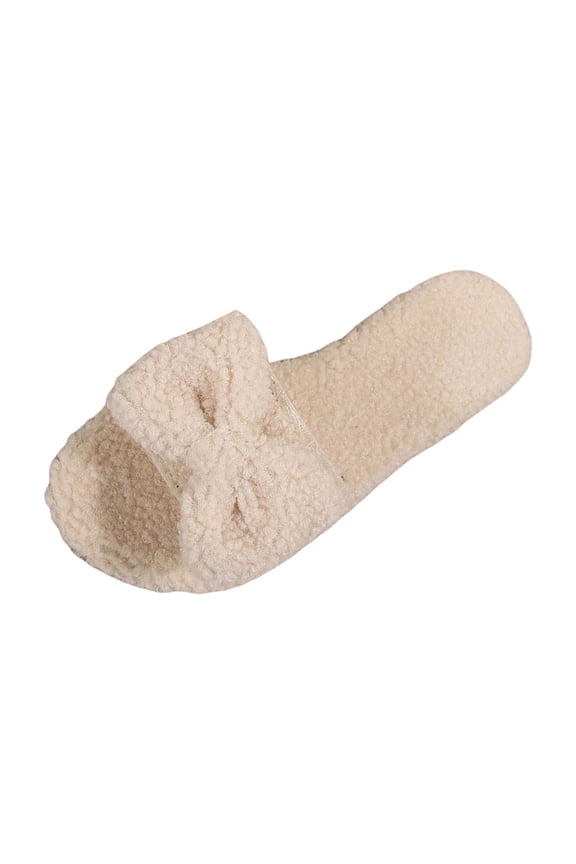 Women's Slippers Cozy Soft Bow Open Toe Fuzzy Home Shoes Anti-Skid Sole Slides Indoor and Outdoor House Slippers for Women Beige
