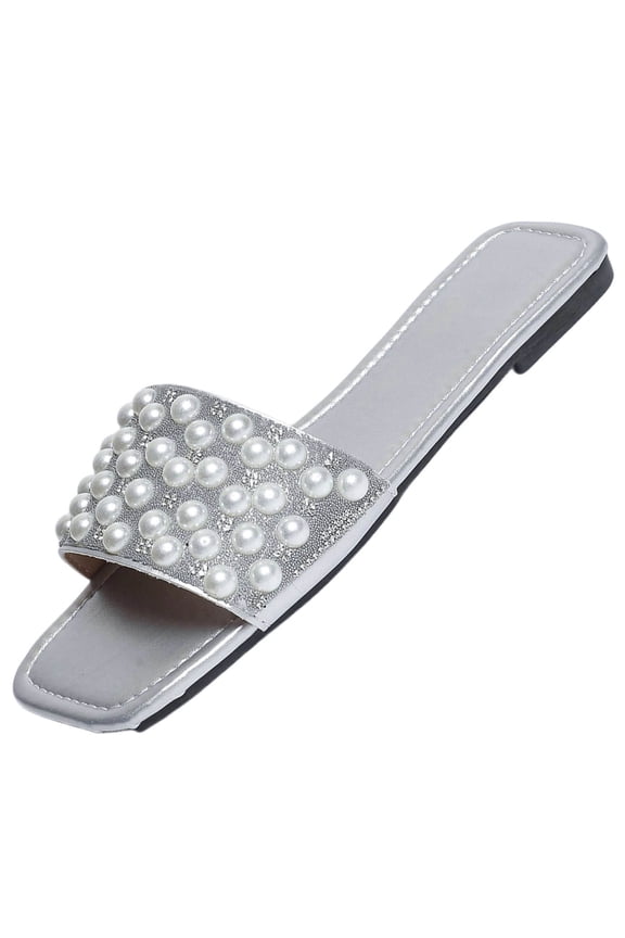 Women's Slippers Elegant Crystal Pearl Flat Sandals Summer Square Toe Slippers Non-Slip Outdoor Plus Size Slides for Women Silver