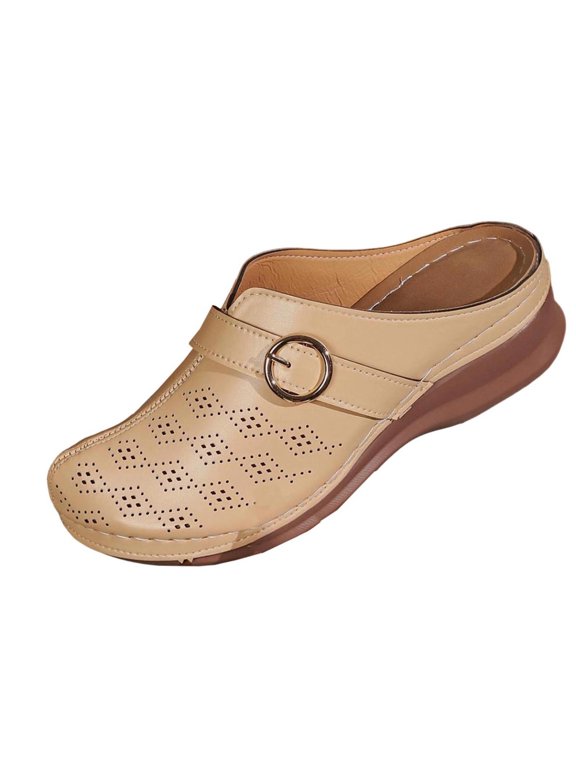 Women's Slippers Hollow Out Soft Bottom Shoes Gladiator Casual Baotou Half Solid Wedges Thick Bottom Mules Slides Shoes Beige