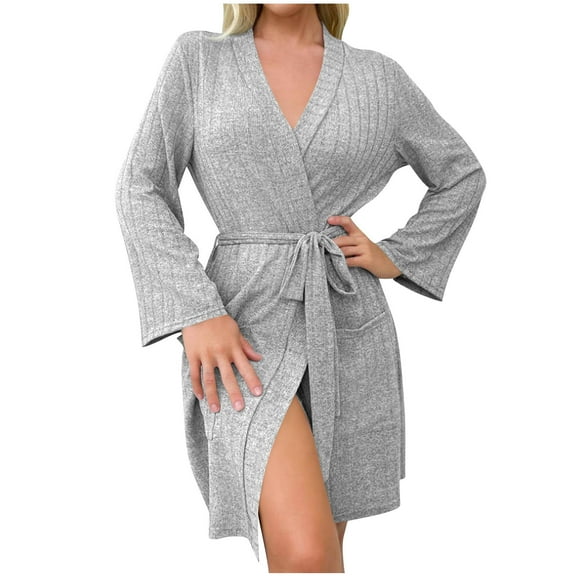 FRSASU Women's Soft Robes knitted Long Sleeve Bathrobes Kimonos Sleepwear Dressing Gown,Solid Color with Pocket Gray