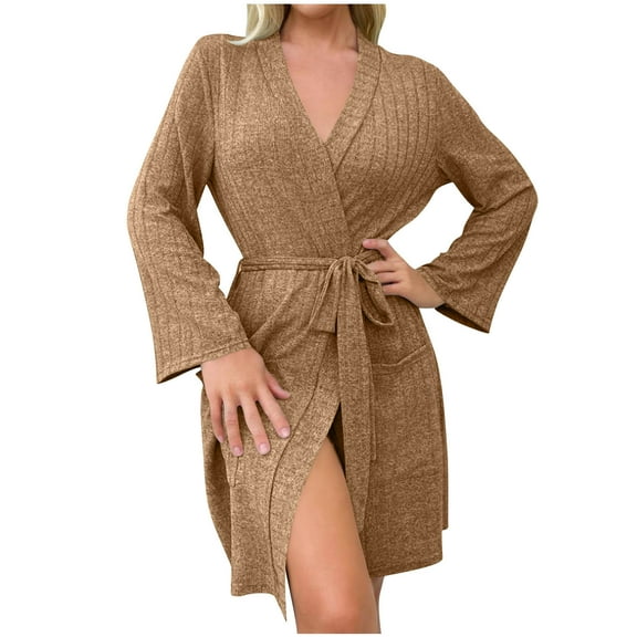 FRSASU Women's Soft Robes knitted Long Sleeve Bathrobes Kimonos Sleepwear Dressing Gown,Solid Color with Pocket Khaki