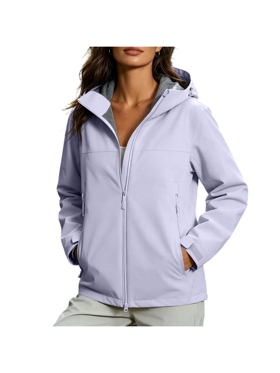 Women's Softshell Hooded Jacket Full Zip Water Resistant Windproof Lightweight Outdoor Coat with Pockets Purple