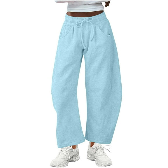 FRSASU Women's Solid Barrel Wide Leg Sweatpant Drawstring Elastic Waisted Wide Leg Pants Casual Trousers with Pockets Blue M(M)