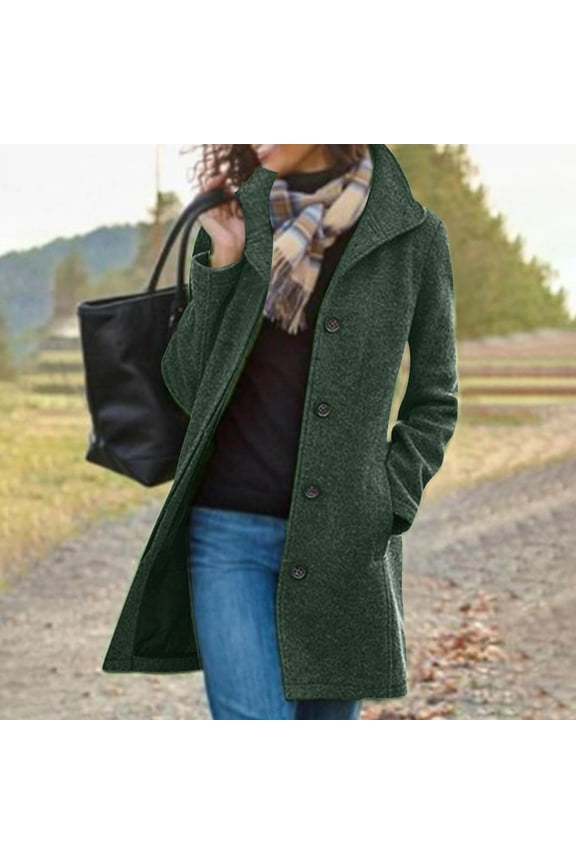 Women's Solid Casual Thicken Wool Stand Collar Inner Lining Pocket Breasted Pea Mao Coat Green