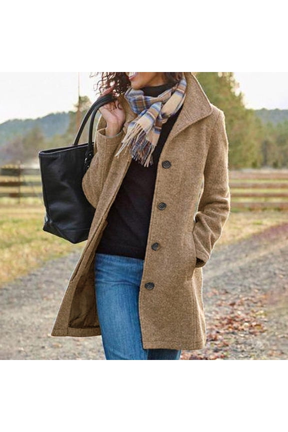 Women's Solid Casual Thicken Wool Stand Collar Inner Lining Pocket Breasted Pea Mao Coat Khaki