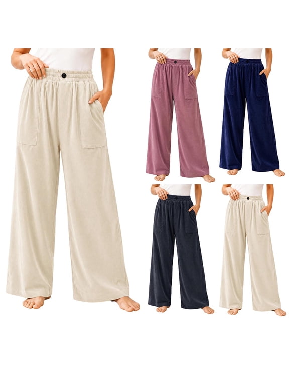 Women's Solid‑Color Corduroy Relaxed Wide Leg Pants Elastic Waistband Decor Button Side Patch Pockets Pink