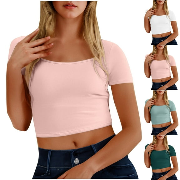 FRSASU Women's Solid Color Crop T-Shirt Casual Summer Short Sleeve Crewneck Loose Casual Basic Tee Tops Blouse White