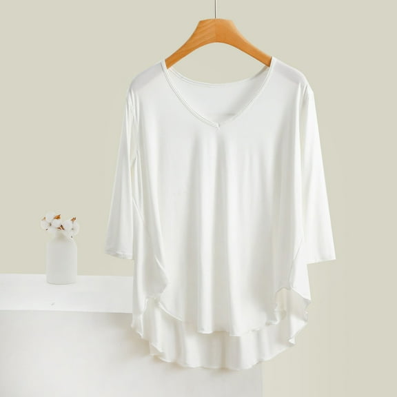 FRSASU Women's Solid Color Home Wear Shirt 3/4 Sleeve V Neck Casual Loose Fit Pajamas Tops White