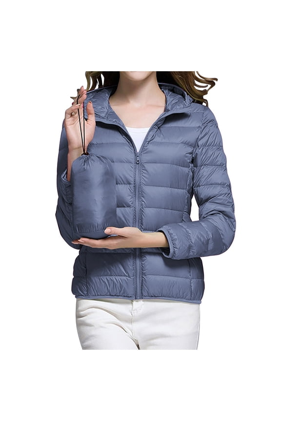 Women's Solid Color Jacket Solid Color Hooded Long Sleeve Zipper Lightweight Cotton Coat with Pocket Navy