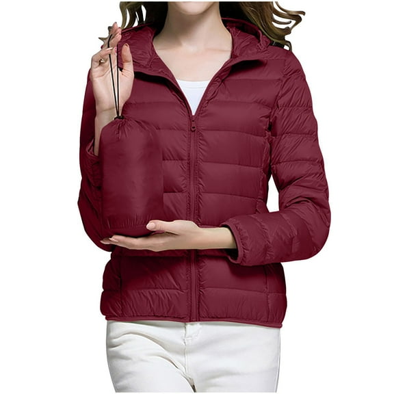 FRSASU Women's fashionable and comfortable self-cultivation Lightweight Down Coat Long Sleeve Zip Packable Short Puffer Jackets Wine