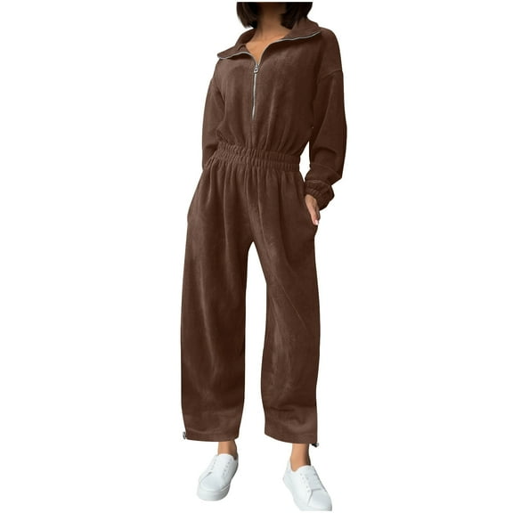 FRSASU Women's Solid Color Long Sleeve Casual Loose Half Open Collar Elastic Waist Fashion Jumpsuit Coffee L(L)