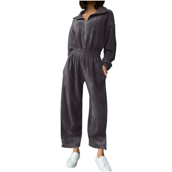 FRSASU Women's Solid Color Long Sleeve Casual Loose Half Open Collar Elastic Waist Fashion Jumpsuit Dark Gray M(M)