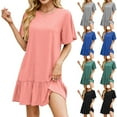 thumbnail image 1 of FRSASU Women's Solid Color Round Neck Loose Short Sleeve Pleated Dress Ruffle Hem Mini Babydoll Dresses Flowy Sundress Pink, 1 of 7